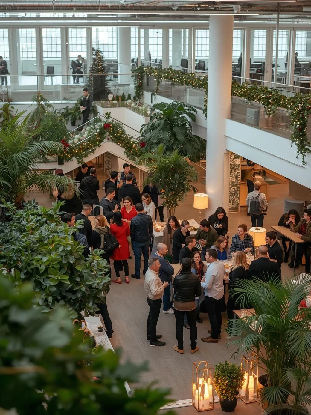Equipo celebrando el fin de año en un atrio decorado con guirnaldas, plantas y velas