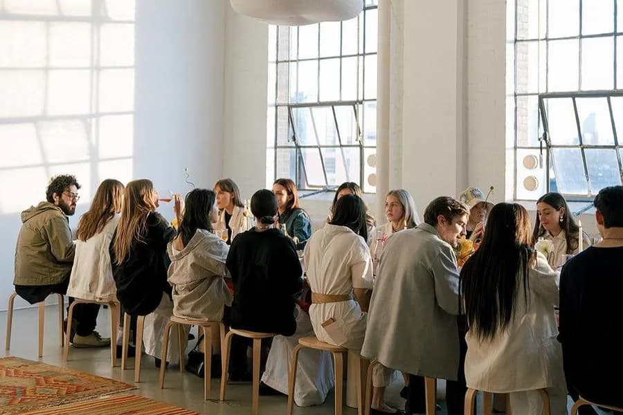 Cena en mesa larga dentro de un loft con ventanales